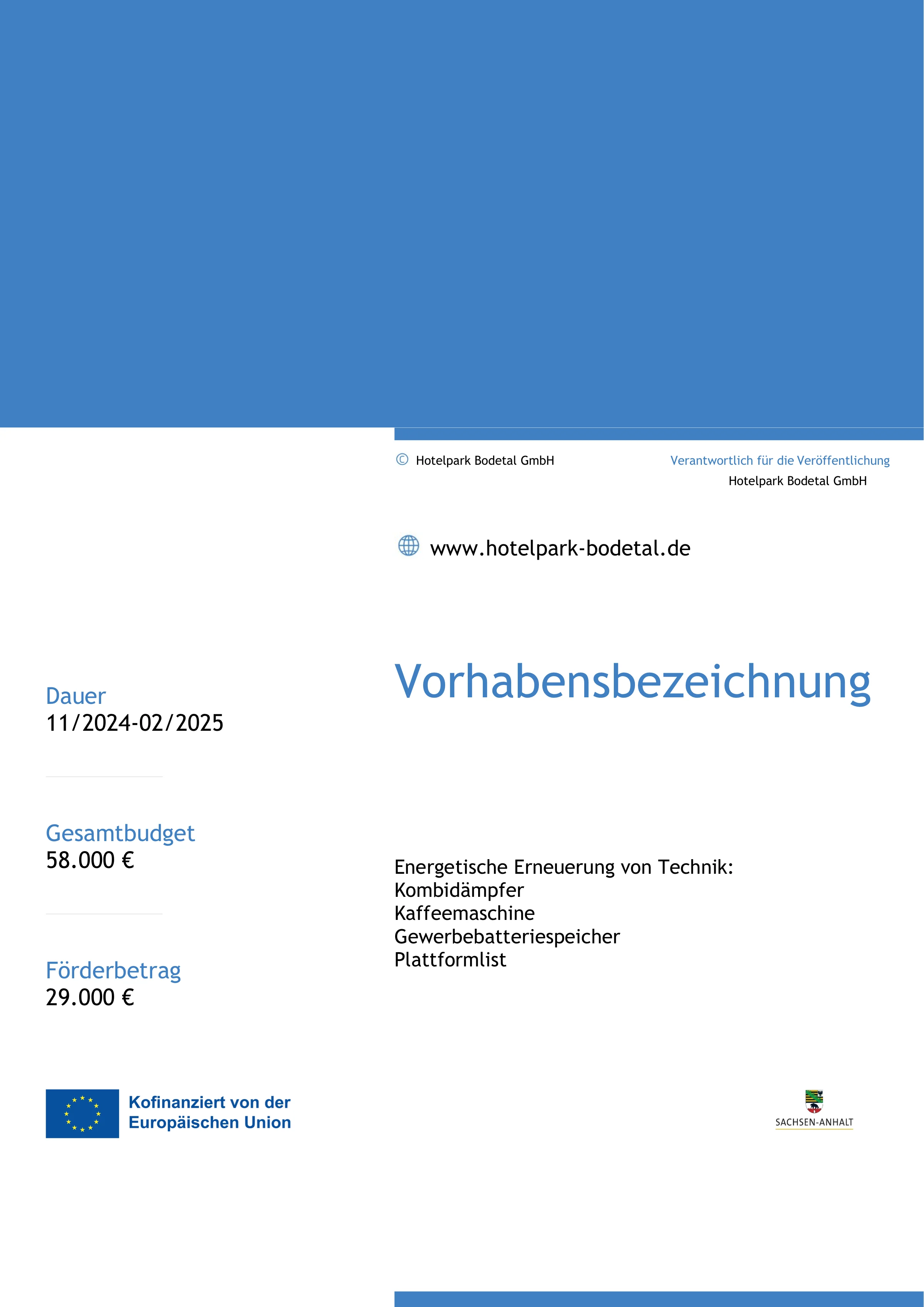 Plakat: Förderung der Energieeffizienz im Hotelpark Bodetal, kofinanziert von der Europäischen Union